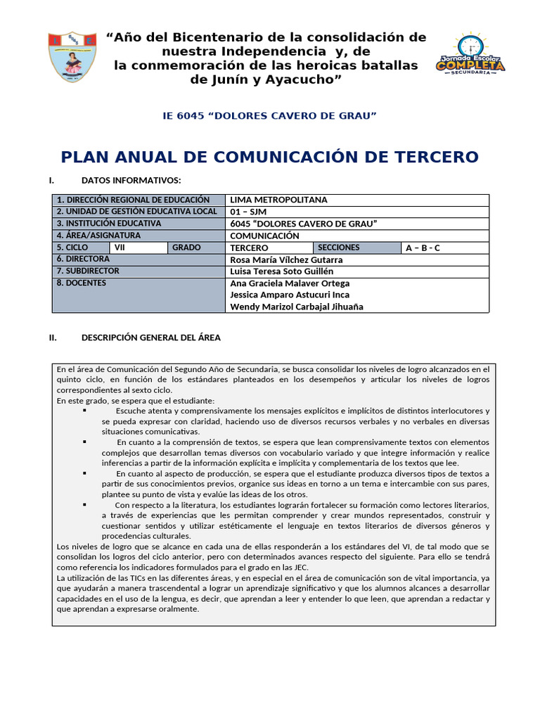 Plan Anual de Comunicación 2023 IE 6045 | PDF | Aprendizaje | Enseñando