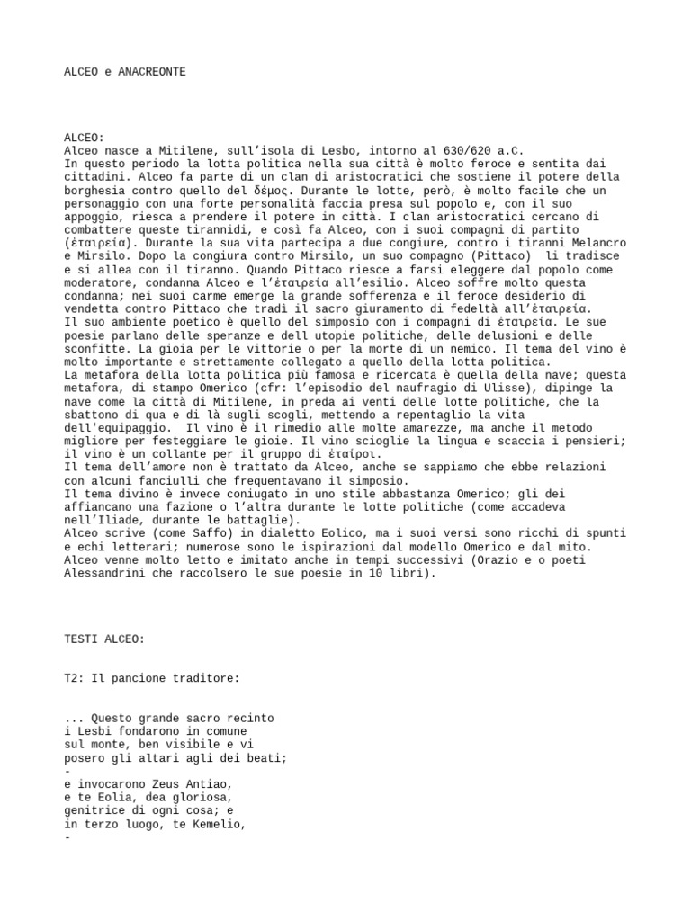 APPUNTI - Alceo e Anacreonte | PDF