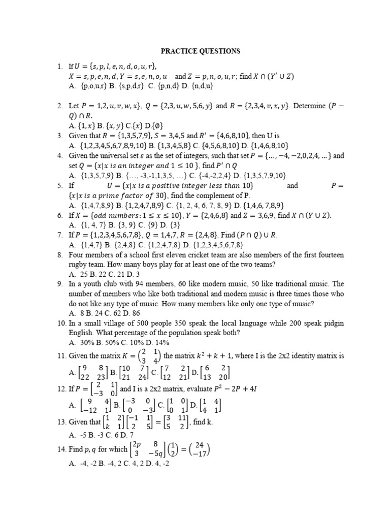 Set Theory and Matrix Practice Questions | PDF | Functions And Mappings ...