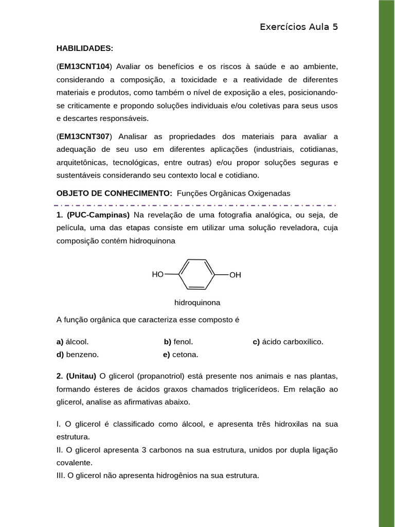 Exercícios sobre Funções Orgânicas Oxigenadas | PDF | Éster | Aldeído