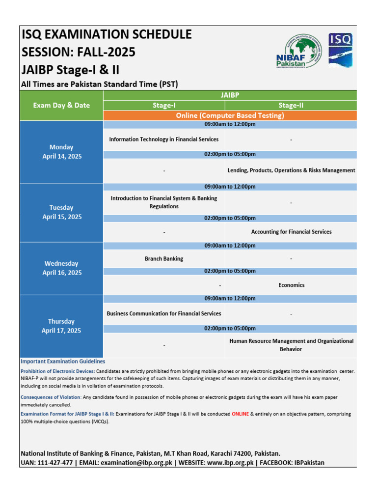 JAIBP Exam Schedule for 2025 | PDF