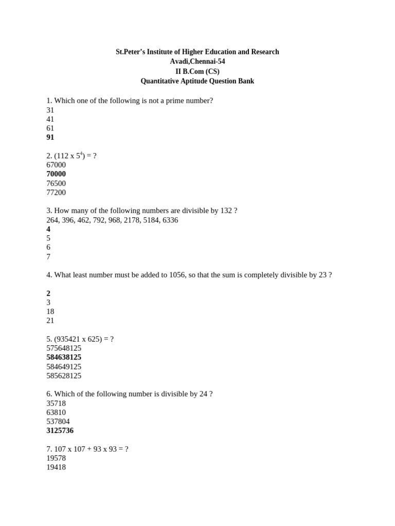 Quantitative Aptitude Question Bank | PDF | Probability | Numbers