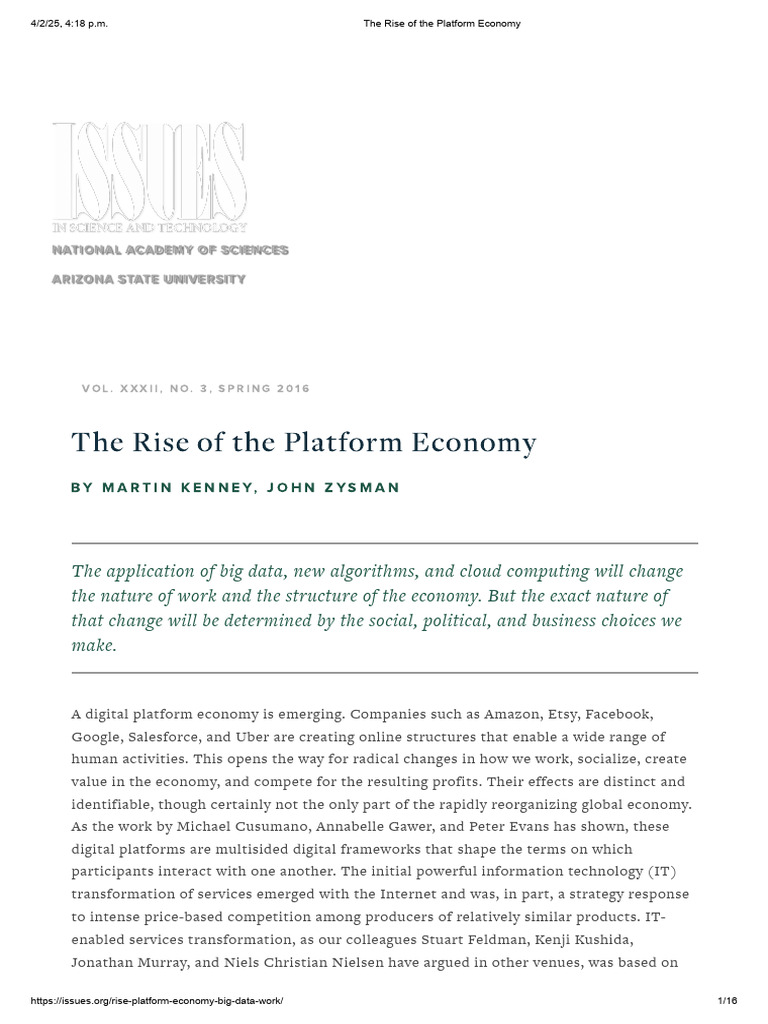 (Kenney Zysman) The Rise of The Platform Economy | PDF | Employment ...