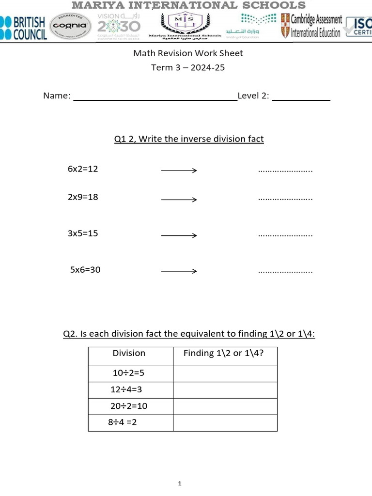 Level 2 Math Revision Worksheet 2024 | PDF