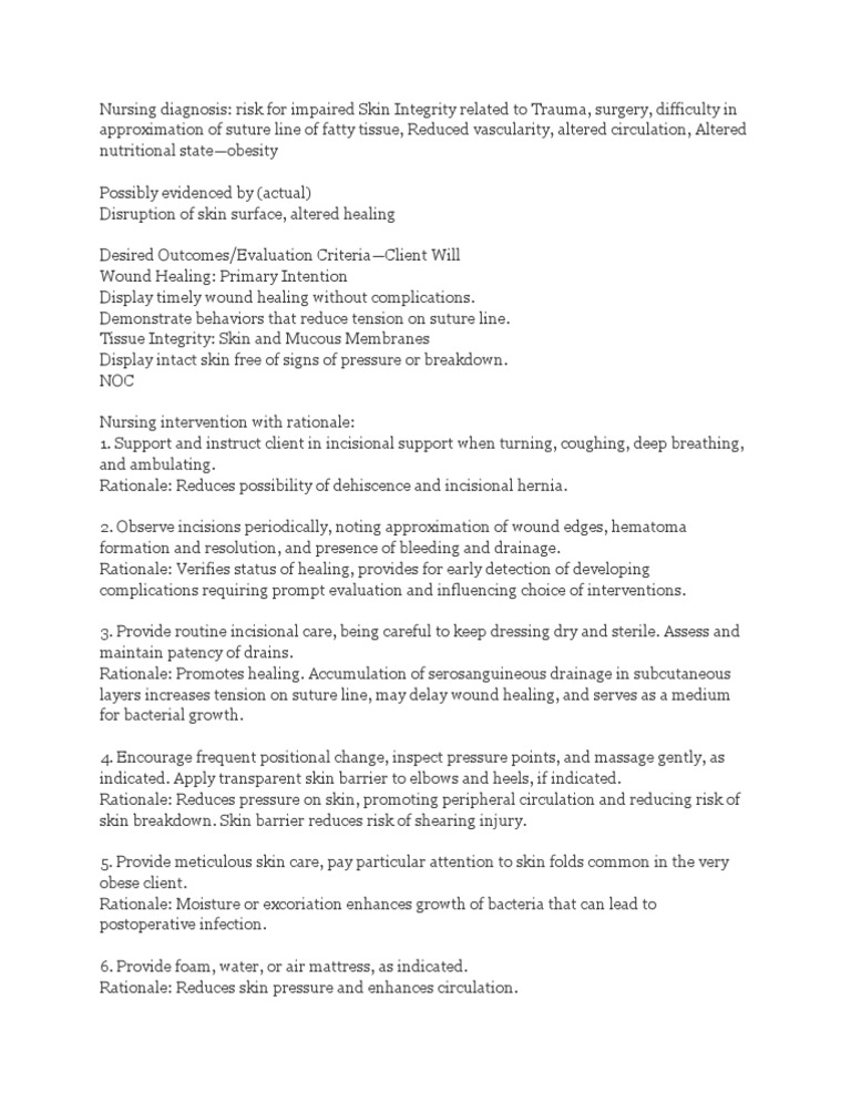 Impaired Skin Integrity Related To Surgical Incision And Drains Pdf Wound Medicine