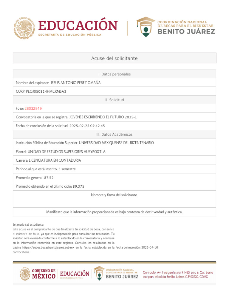 Acuse de Solicitud de Beca 2025-1 | PDF