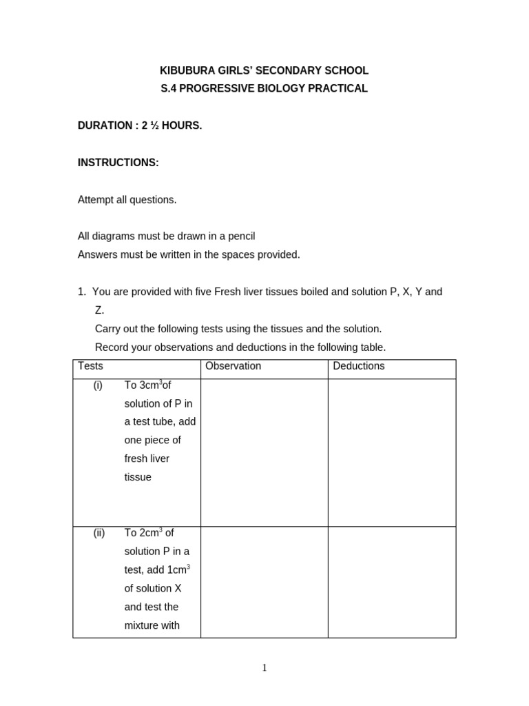 s.4 Bio Practical Progressive Test Term 1 2012 | PDF