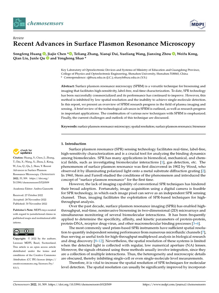 Advances in Surface Plasmon Resonance Microscopy | PDF | Surface ...