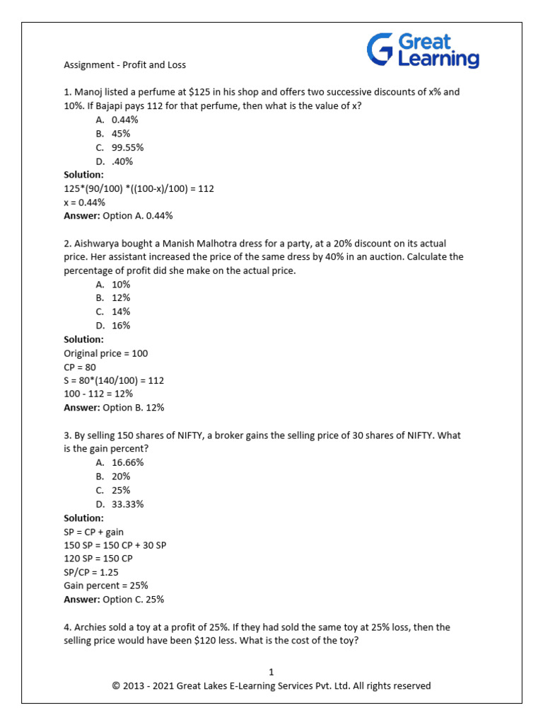 Assignment - Profit and Loss - GL | PDF | Prices | Market (Economics)