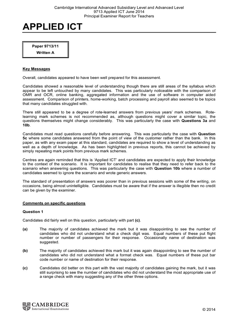 Applied Ict: Paper 9713/11 Written A | PDF | Question | Knowledge