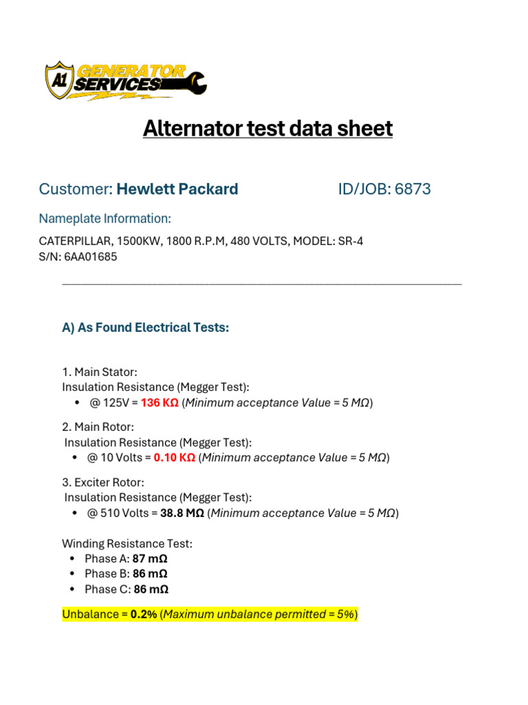 Informe de Prueba de Alternador Caterpillar | PDF