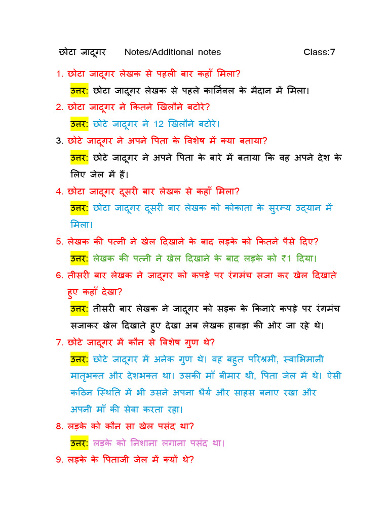 CHOTA JADUGAR Class 7 Hindi 2L Notes | PDF