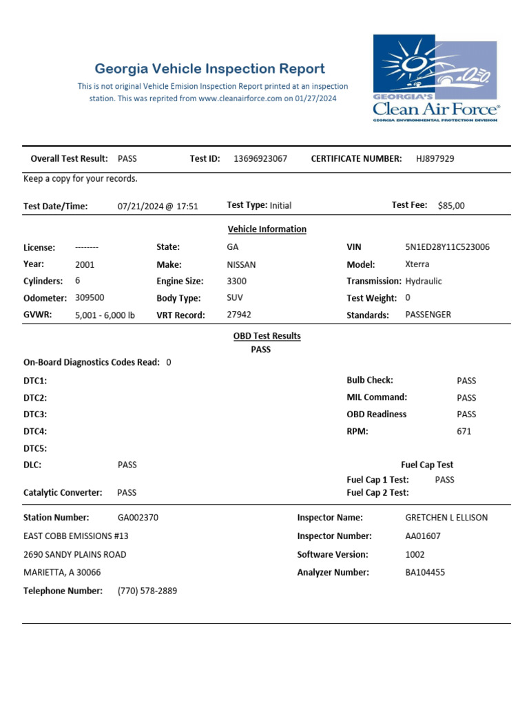 Inspect - Test Ga - 2001 Nissan | PDF | Transport | Vehicles