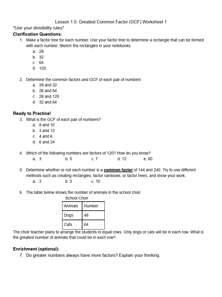 GCF Worksheet for Math Practice | PDF