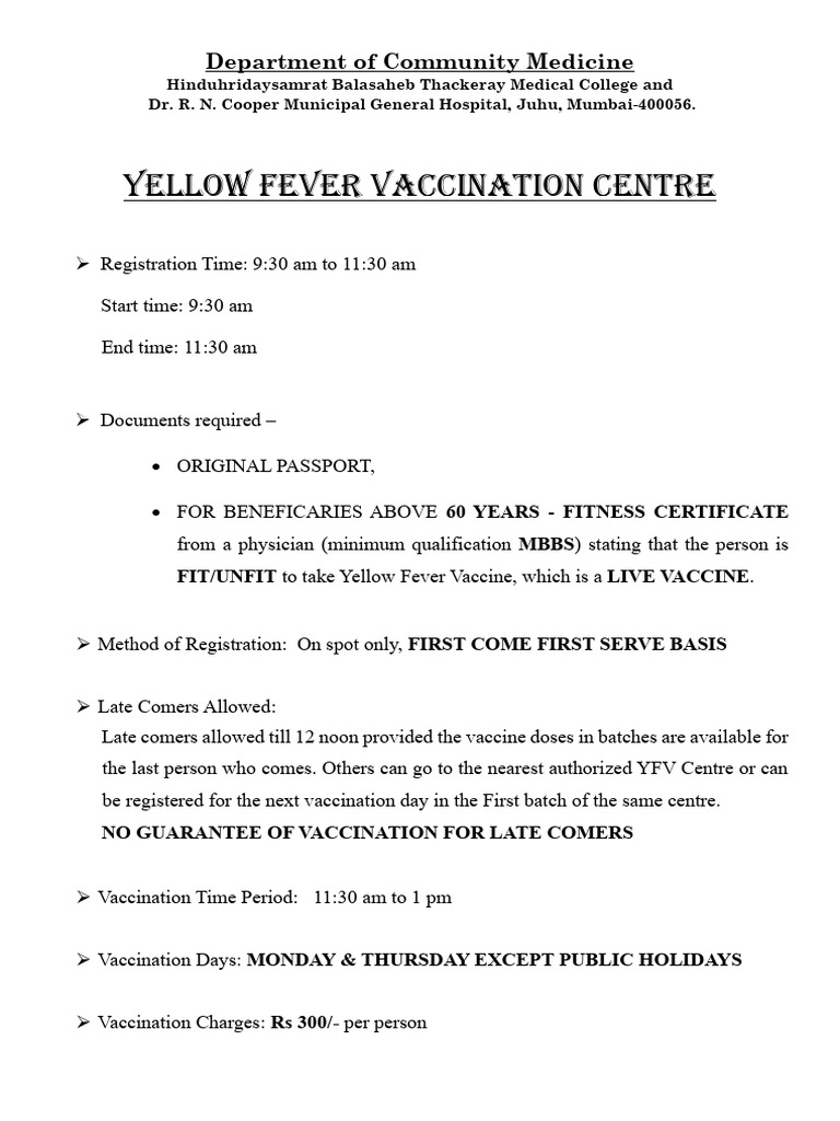 Yellow Fever Vaccination Centre Details Updated | PDF