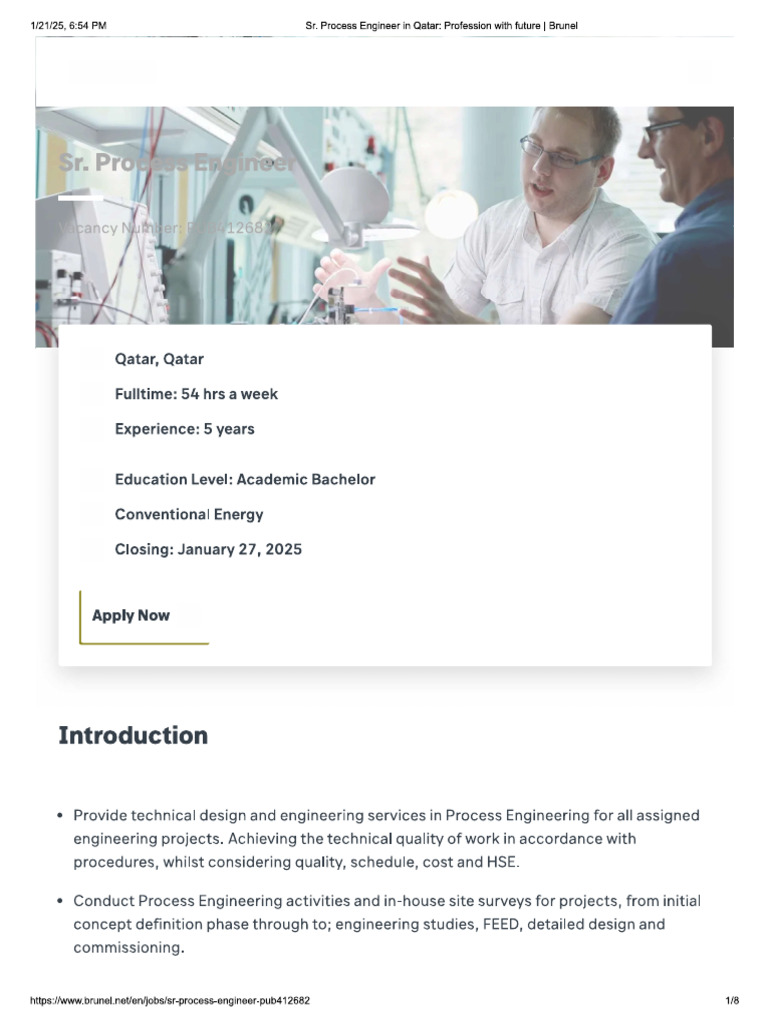 JD Senior Process Engr. Qatar Brunel 01-2025 | PDF