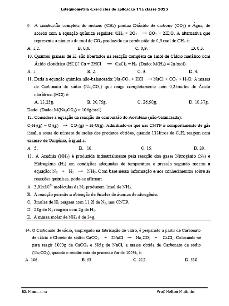 Exercícios de Estequiometria 11ª Classe | PDF