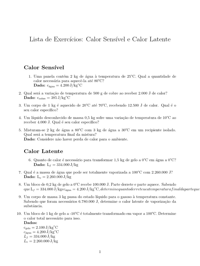 Exercícios sobre Calor Sensível e Latente | PDF