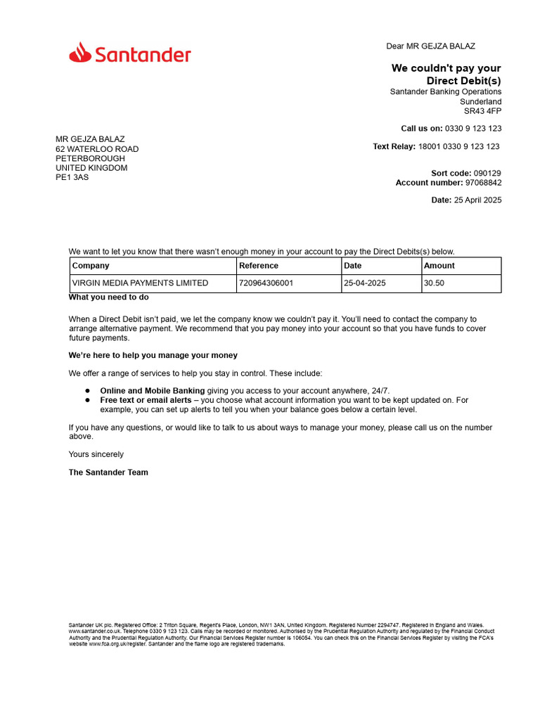 Direct Debit Payment Failure Notice | PDF | Debit Card | Personal Finance