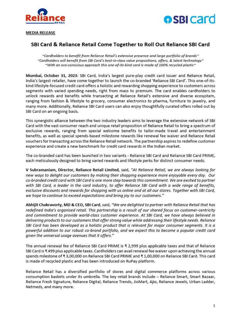 Reliance SBI Card Launch Announcement | PDF | Credit Card | Loyalty Program