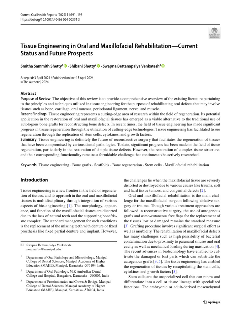 Tissue Engineering in Maxillofacial Rehab | PDF | Tissue Engineering | Bone