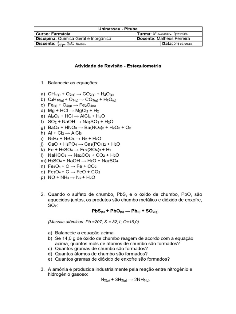 Atividade de Revisão: Estequiometria em Química | PDF