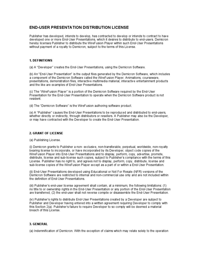 End User Presentation Distribution License PDF License Indemnity