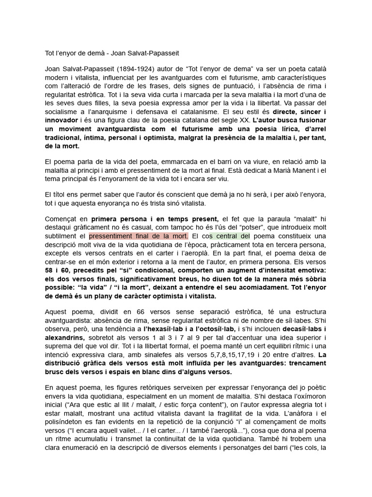 Comentàri de Text Tot L'enyor de Demà | PDF