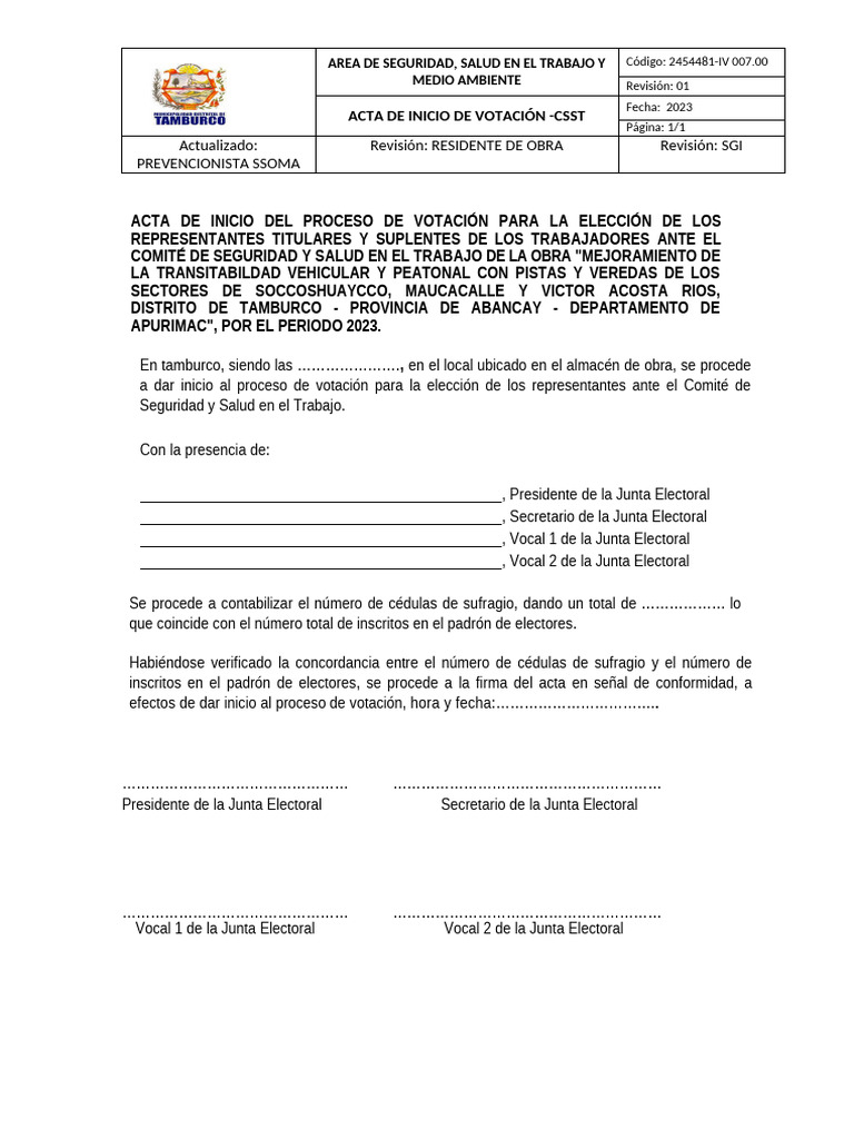 Acta de Inicio de Votación CSST 2023 | PDF