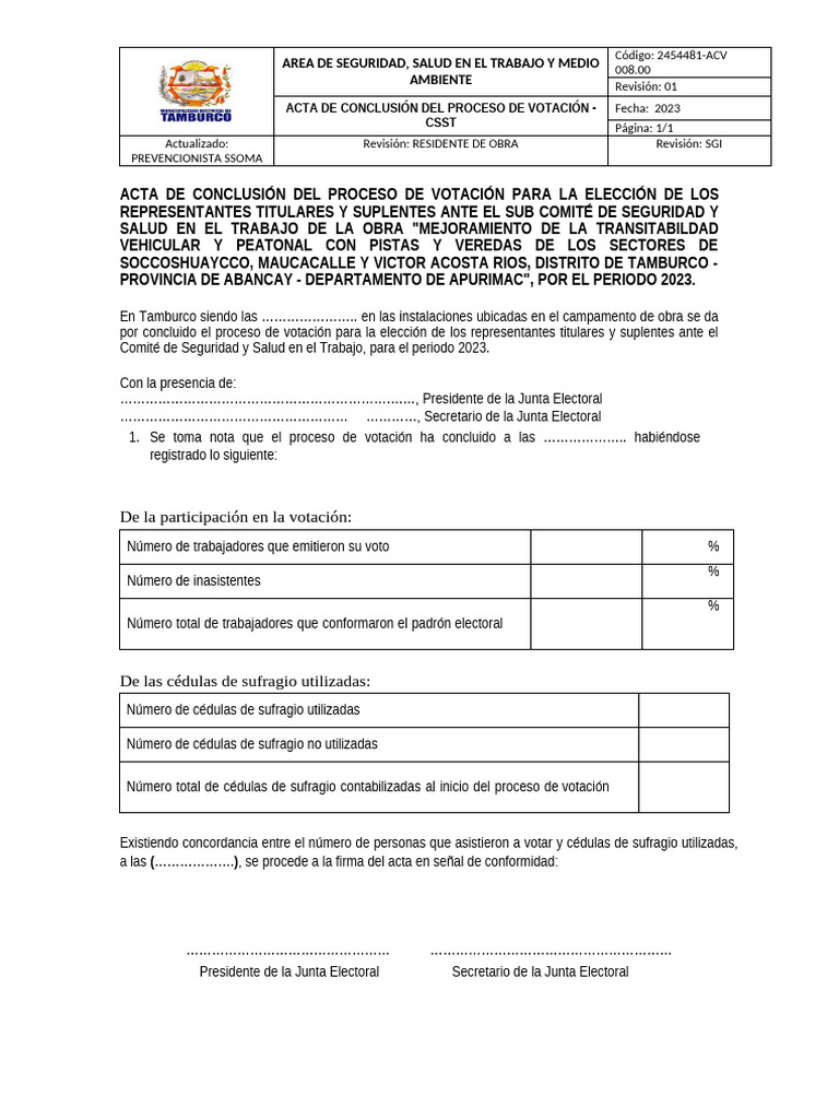 Obra - Reg008.00 - Acta de Conclusión de Proceso de Votación CSST | PDF ...