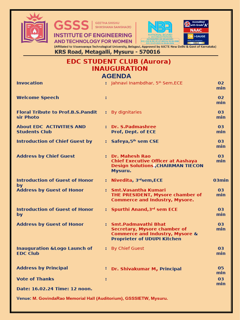 Agenda Student Club Inaugration EDC | PDF