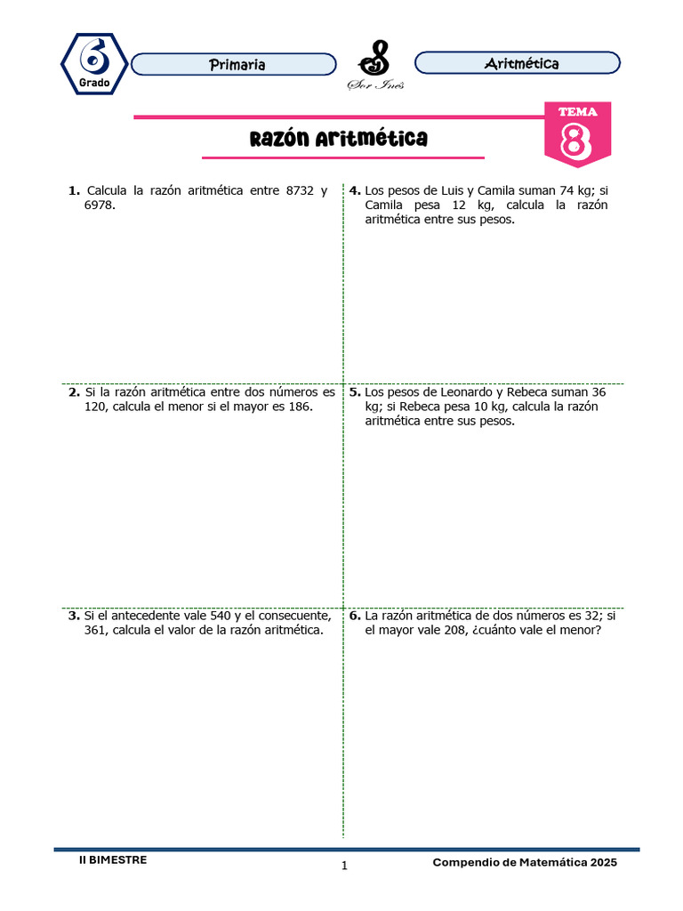 Ejercicios de Razón Aritmética para Primaria | PDF | Proporción ...