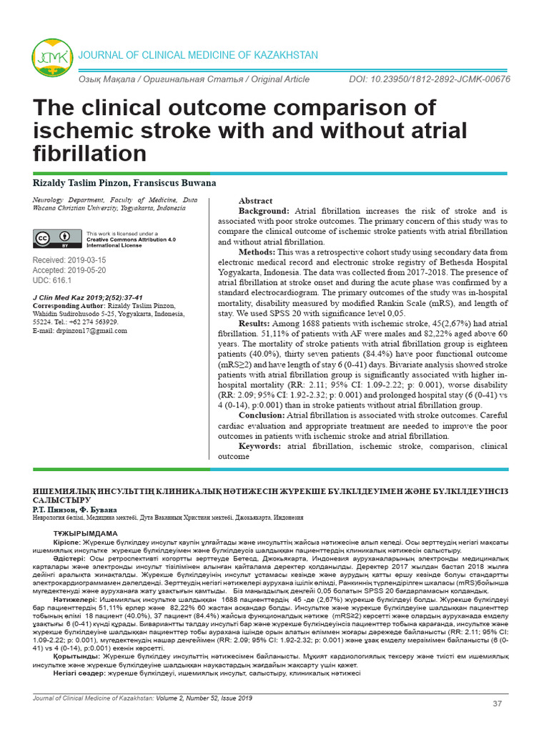The Clinical Outcome Comparison of Ischemic Stroke With and Without ...