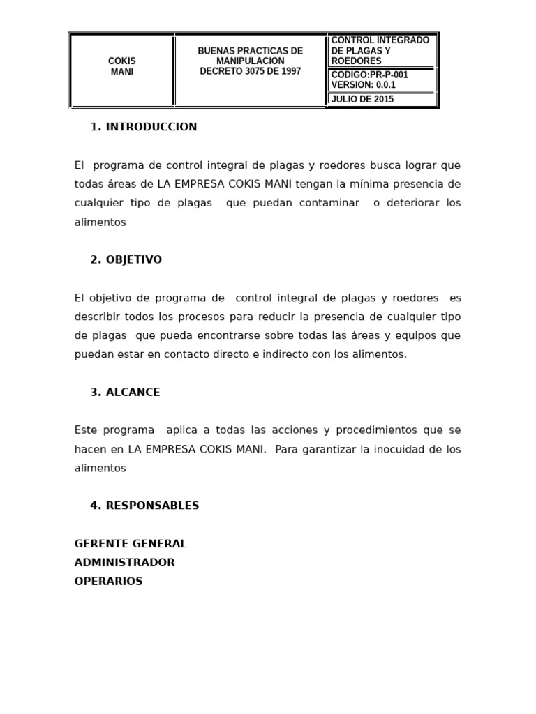 PROGRAMA DE CONTROL DE PLAGAS Y ROEDORES COKIS MANI | PDF | Alimentos ...
