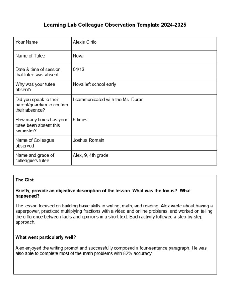 2024-2025 Colleague Observation Template | PDF | Learning | Neuroscience
