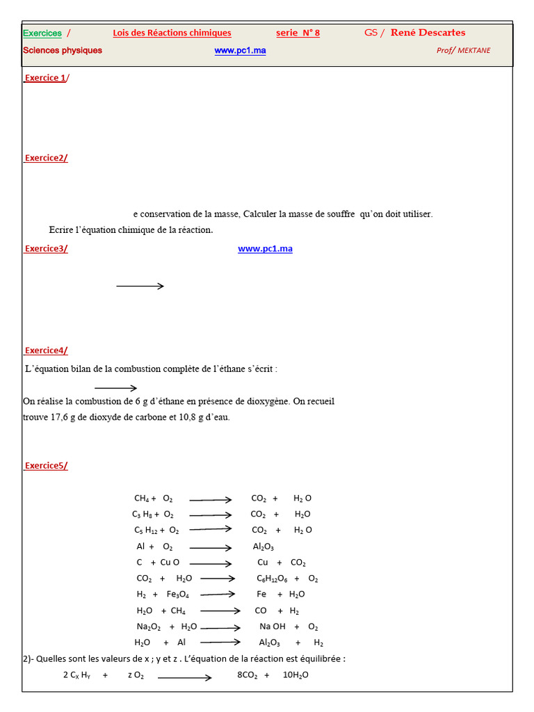 Exercices d'équilibrage chimique | PDF | Dioxyde de carbone | Chimie