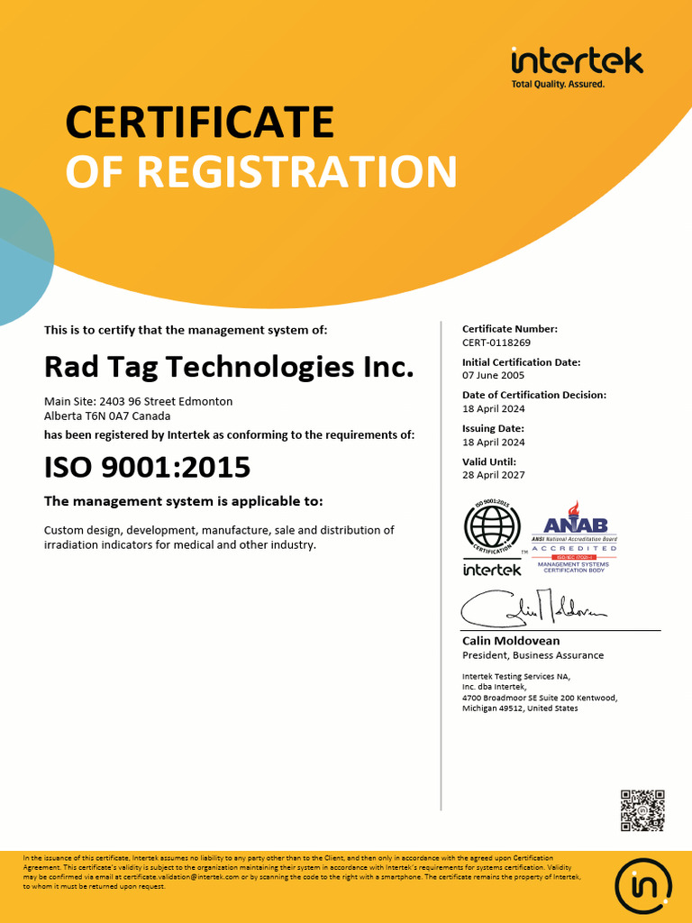 ISO 9001:2015 Certification for Rad Tag Technologies | PDF | Certification