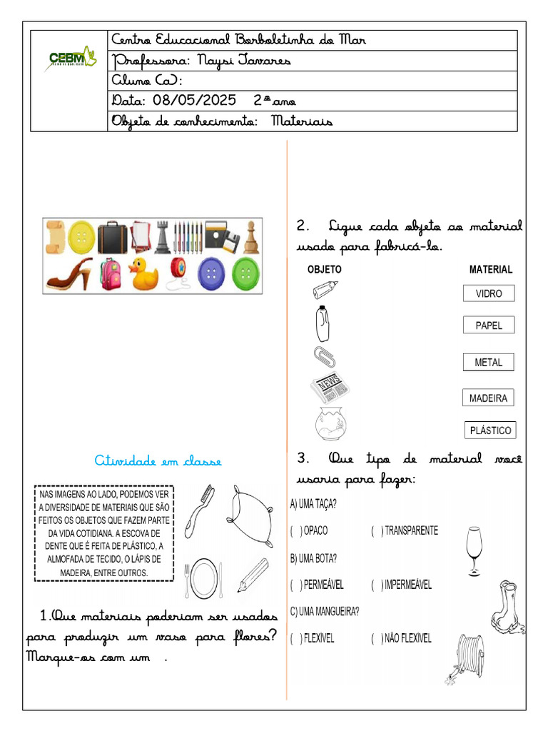 Materiais e Objetos: Atividades 2º Ano | PDF