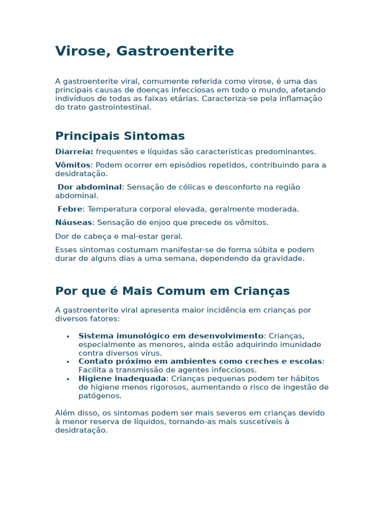 Trabalho Virose, Gastroenterite | PDF | Vírus | Especialidades médicas