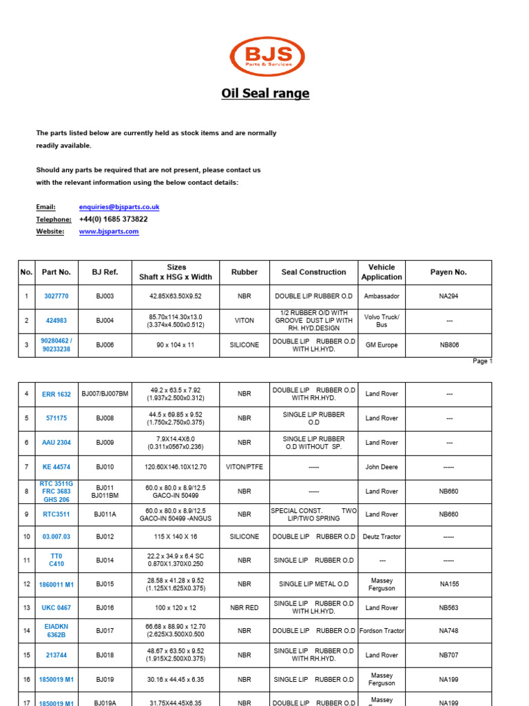Comprehensive Oil Seal Inventory List | PDF | Vehicles | Car