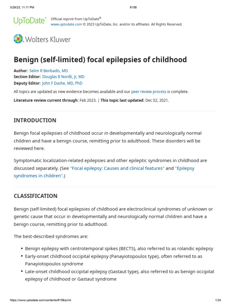 Benign (Self-Limited) Focal Epilepsies of Childhood | PDF | Epilepsy ...