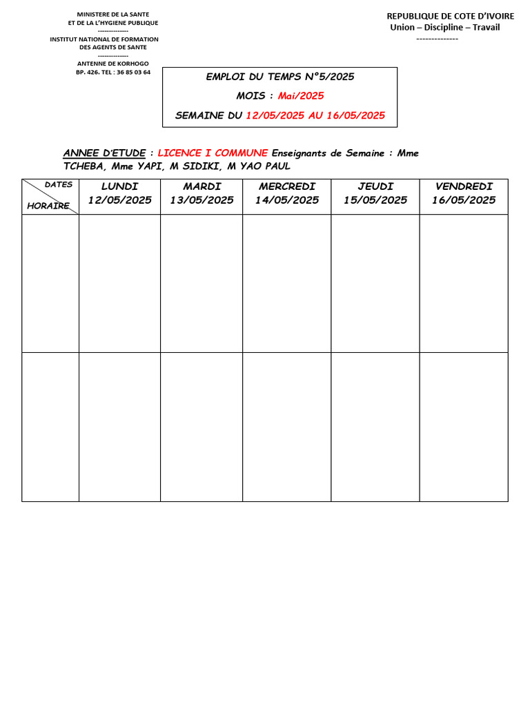 Emploi du temps Semaine 20/2025 | PDF