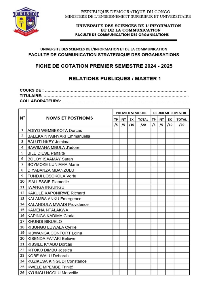Fiche de cotation Master 1 2024-2025 | PDF