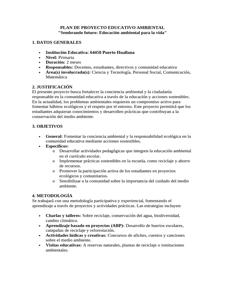 Plan de Proyecto Educativo Ambiental 2025 | PDF | Sustentabilidad ...