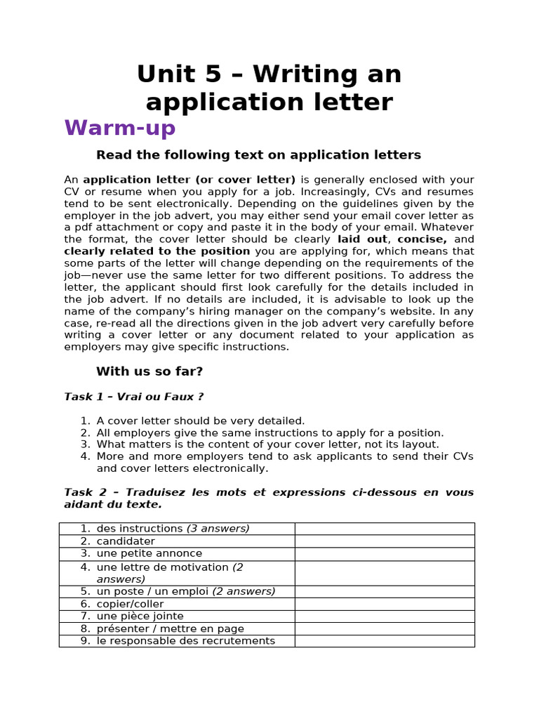 Unit 5 - Writing an Application Letter (BS) | PDF | Résumé