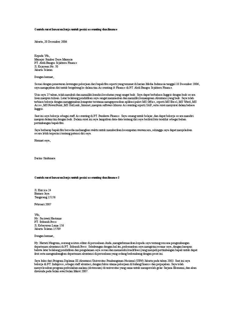 Contoh Surat Lamaran Kerja Untuk Posisi Accounting Dan Finance