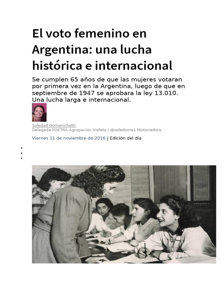 Voto femenino en Argentina: 65 años de lucha | PDF | Sufragio de las ...