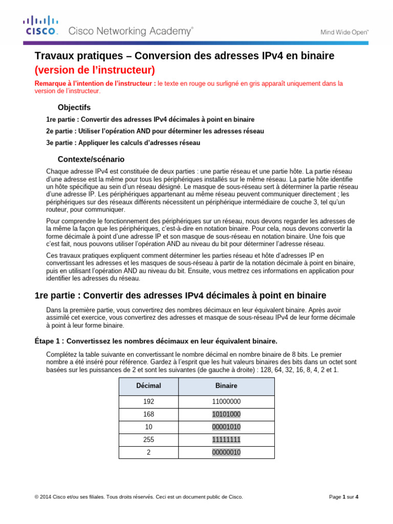 Conversion d'adresses IPv4 en binaire | PDF | Adresse IP | Standards ...