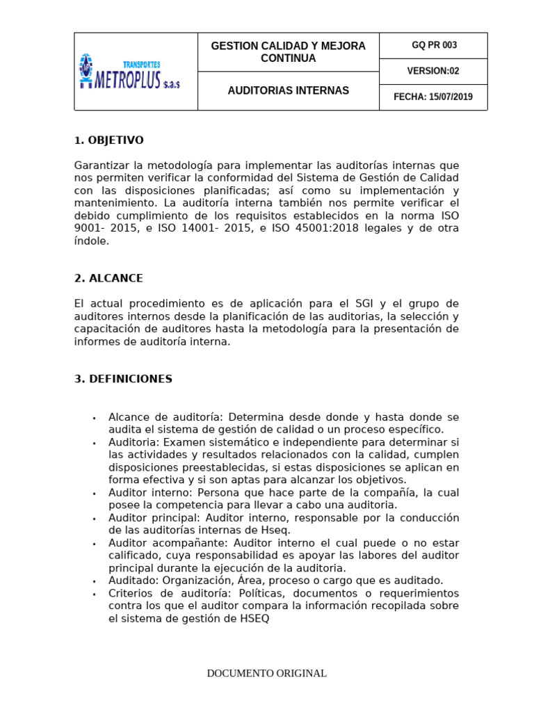 GQ PR 003 Auditorias Internas | PDF | Auditoría | Contralor