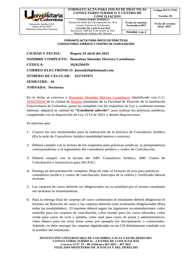 Formato Acta Inicio de Practicas | PDF | Bogotá | Justicia